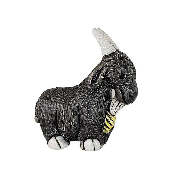 Vintage Handcrafted Black Goat Figurine With Yellow Chest White Horns - Picture 1 of 8